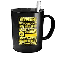 Funny Ceramic Coffee Mug - Allergic to Exercise - Cute Large Cup (Black) Best Gift for Men, Women, Mom, Dad, Boyfriend, Girlfriend, Husband, Wife, Him, Her, Couples or Friends!~?