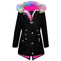 Kids Girls Camouflage Faux Fur Hooded Parka School Jackets Outwear Coats 2-13 Yr