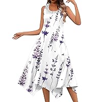 Womens Boho Summer Dresses Casual Round Neck Sleeveless Floral Print Irregular Hem Midi Dress