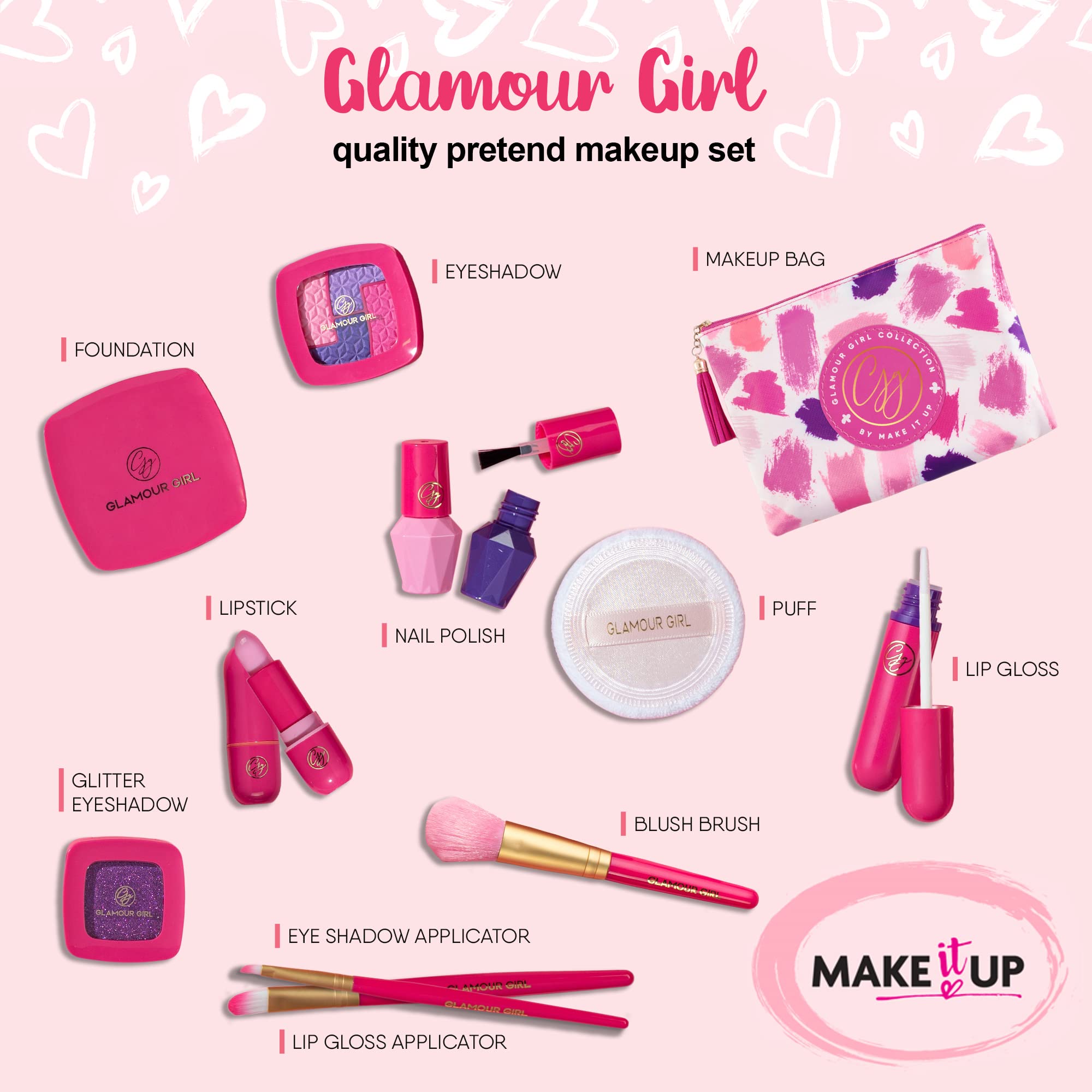 Pretend Makeup Kit for Girls - Make Up Kit for Kids, Children & Toddlers with Cosmetic Bag & Toy Lipstick - Fake Play Makeup Set of Little Girl for Christmas Birthday Toys Gifts - Glamour Girl