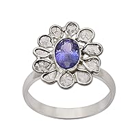 2.00 CTW Natural Uncut Slice polki diamond, oval tanzanite women floral promise ring | 925 sterling silver white rhodium |