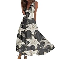 Women's Summer Casual Sleeveless V Neck Strappy Split Loose Dress Beach Cover Up Long Cami Maxi Dresses