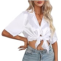 Womens Button Up Lapel Short Sleeve Satin Tunic Blouses Summer Dressy V Neck Trendy Casual Loose Fit Solid Shirts