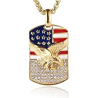 HZMAN Stainless Steel American Eagle Patriotic Necklace for Men Women Cubic Zirconia American Flag Bald Eagle Pendant with 22+2inch Chain Jewelry Gift