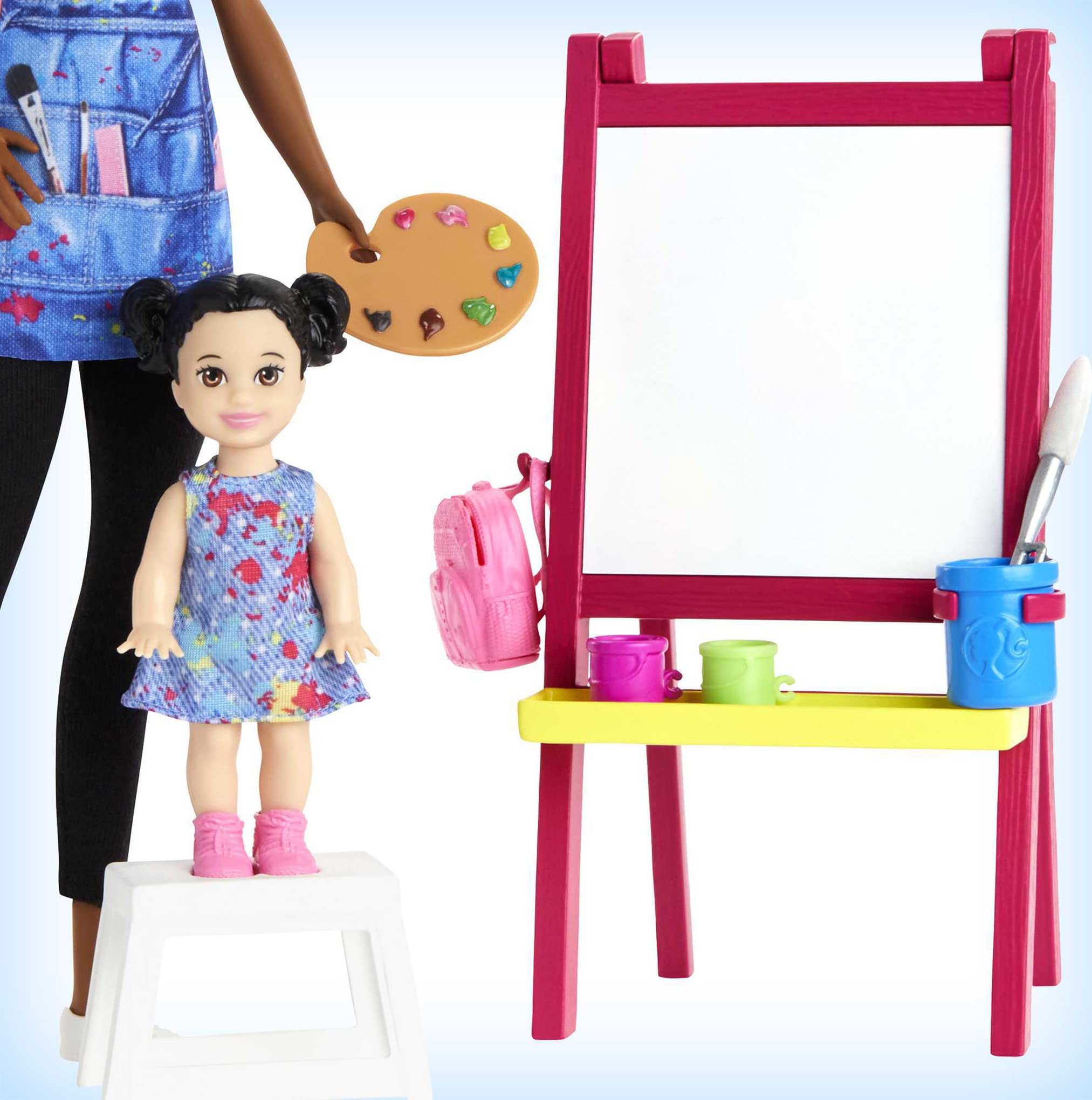 Barbie Careers Doll & Playset, Art Teacher Theme with Brunette Doll, 1 Toddler Doll, Color-Change Easel & Accessories