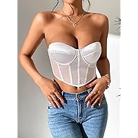 Women's Tops Sexy Tops for Women Women's Shirts Solid Mesh Bustier Tube Top (Color : White, Size : XX-Small)