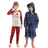 V.&GRIN Kids' Fleece Robe and Christmas Pajamas Matching Set Holiday Printed Top Plaid Pants Pjs Sleepwear for Boys