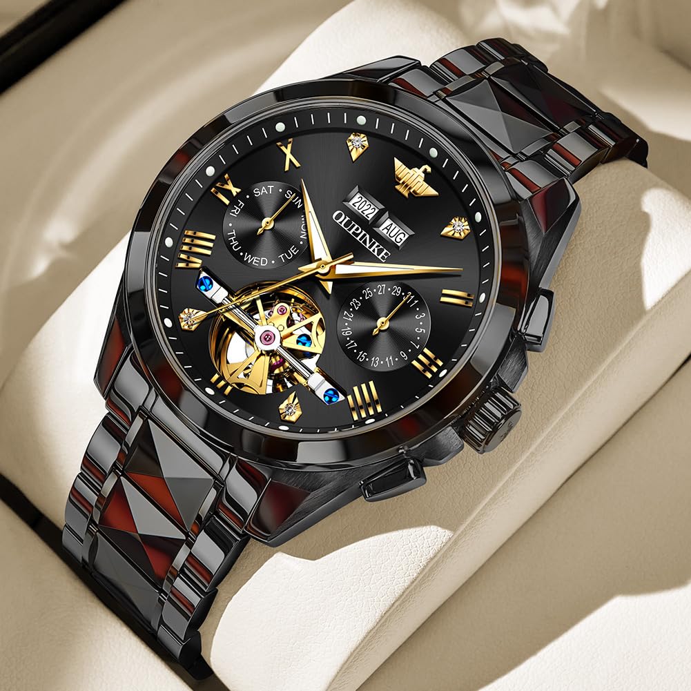 OUPINKE Automatische Uhren für Männer Luxus Mechanische Wolfram Stahl Casual Leuchtende Armbanduhr Wasserdicht Saphir Kalender Uhren