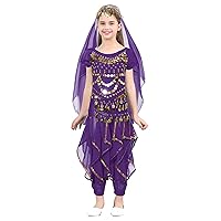 Kids Girls Belly Dance Costume Dance Crop Top and Harem Pants Set with Head Veil Waist Chain Halloween Cosplay Outfit