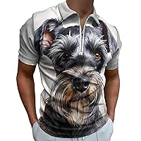 Schnauzer Dog Watercolor Men's Zippered Polo Shirts Short Sleeve Golf T-Shirt Regular Fit Casual Tees