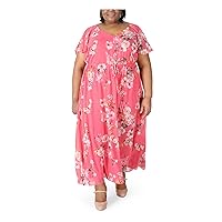Signature by Robbie Bee Womens Pink Sheer Tie Chiffon Lined Floral Flutter Sleeve V Neck Maxi Formal Sheath Dress Plus 16W, 16 Plus