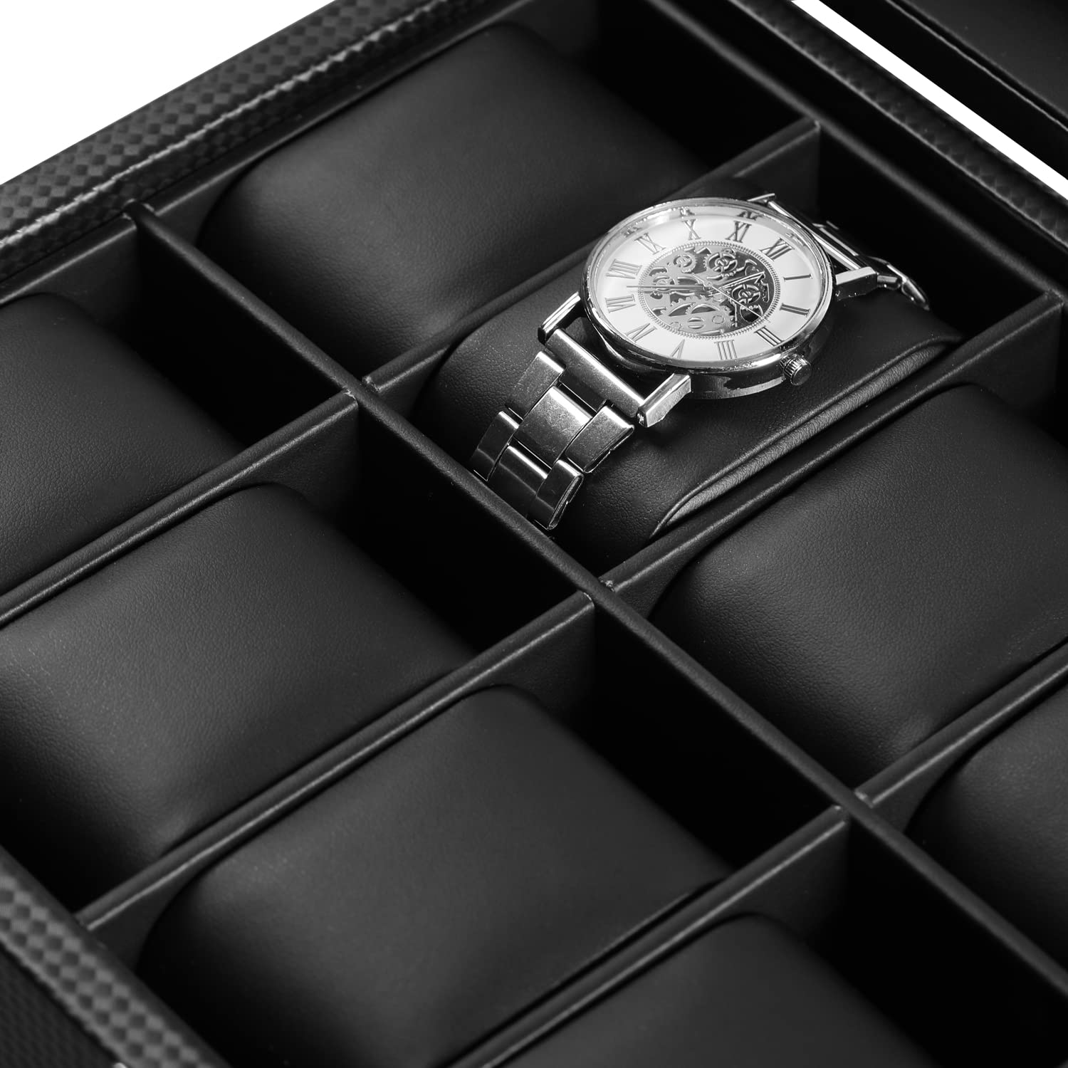 BASTUO Watch Box 20 Watch Display Organizer Storage Case Luxury Carbon Fiber Leather, Jewelry Collection Box for Men and Women, Black with Glass Top