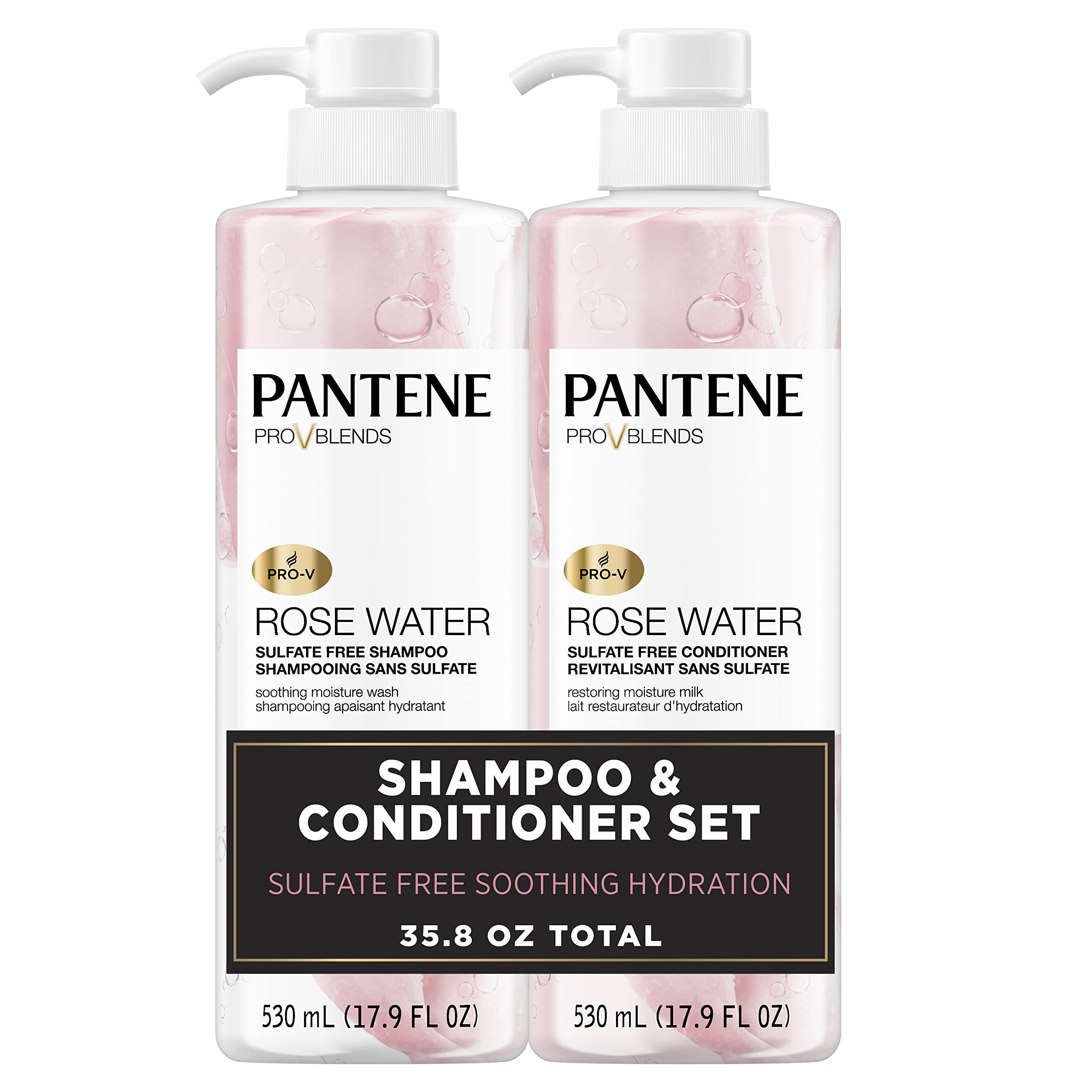 Pantene Sulfate Free Shampoo and Conditioner Set, Rose Water, Soothing and Moisturizing, Nutrient Infused with Vitamin B5, for all Hair Types, Safe for Color Treated Hair,Pro-V Blends, 17.9 oz,2-Count