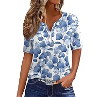 Women's Sexy Tops Casual Ink Print V-Neck Short Sleeve Decorative Button T Shirt Top Casual, S-3XL