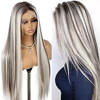 SAPPHIREWIGS 13×6 Straight Synthetic Lace Front Wigs for Women Highlight Wig Ombre Platinum Blonde Wigs with Brown Pre-plucked Hairline Kanekalon Futura Hair Wig for Daily Use 26 Inches