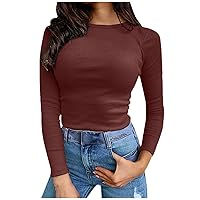Womens Fall Ribbed Crewneck Basic Tops Casual Slim Fitted Long Sleeve T-Shirts Stretchy Plain Pullover Shirts