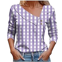 Women Plaid Long Sleeve Tops Fashion Asymmetrical Neck Shirts Dressy Casual Tunic Blouses Button Front Work Shirt