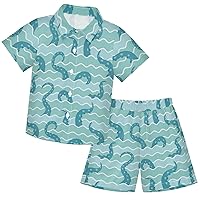 visesunny Toddler Boys 2 Piece Outfit Button Down Shirt and Short Sets Octopus Tentacle Sea Wave Boy Summer Outfits