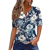 Short Sleeve Bubble Hem Winter Shirts Lady Hike Pop Light Fit Tunic Ladie's Polyester Buttons Printed V Neck Blue XL