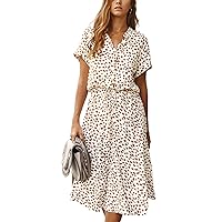 Women Dot Print Short Sleeve A-Line Elastic Waist Summer Casual Swing Dresses
