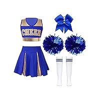 ACSUSS Kids Girls Cheer Leader Costume Cheerleading Uniform Dance Crop Top Skirt and Pom Poms Carnival Halloween Cosplay