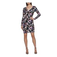 GUESS Womens Black Zippered Ruched Lined V Back Sheer Floral Long Sleeve V Neck Above The Knee Evening Body Con Dress 14
