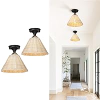 zeyu 2 Pack Boho Flush Mount Ceiling Lights, Rattan Light Fixtures Ceiling Mount Lamp, 10 inch Bamboo Basket Hand Woven Lampshade, Black and Gold Finish, ZSL71F-2 BK