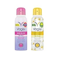 Vagisil Feminine Dry Wash Deodorant Spray for Women, Gynecologist Tested, On The Go Hygiene, 2 Scent Bundle - White Jasmine, Odor Block (2.6 oz Each)