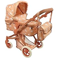 Convertible Combo Baby Doll Stroller for 3 Year Old Girls & Up | Play Toy Baby Stroller for Dolls, Folding Adjustable Bassinet Carriage Buggy with Storage Basket (Beige Butterfly)
