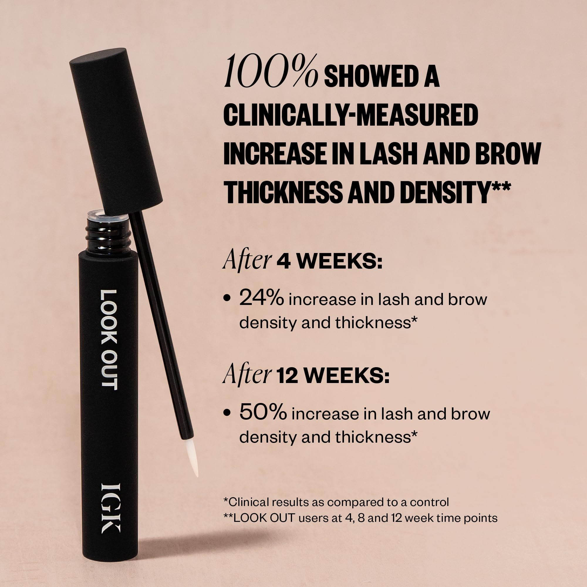 IGK Look Out Lash and Brow Boosting Peptide Serum | Increases Thickness + Fullness + Density of Brows and Lashes | Dermatologist + Ophthalmologist Approved | Vegan + Cruelty-Free | 0.11 Fl Oz