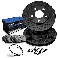R1 Concepts Rear Brake Rotors Drilled and Slotted Black with Semi Metallic Pads, Hardware Kit, and Sensor Wire Compatible For 2006-2006 Porsche Cayenne