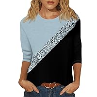 Trendy Tops for Women 2024, Women's Fashionable Casual Three Quarter Sleeve Printed Collar Pullover Top