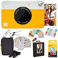 Kodak Printomatic Instant Camera (Yellow) Gift Bundle + Zink Paper (20 Sheets) + Deluxe Case + 7 Fun Sticker Sets + Twin Tip Markers + Photo Album.