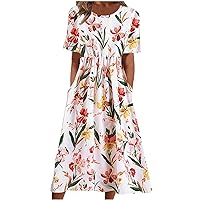 Women Babydoll Midi Dress Summer Funny Floral A-Line Dresses Casual Short Sleeve Crewneck Boho Dress with Pockets