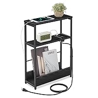 VASAGLE Side Table with Charging Station, Narrow End Table, 3-Tier Nightstand, Sofa Table for Small Spaces, Magazine Rack, for Living Room, Bedroom, Study, Ebony Black and Ink Black ULET335B01