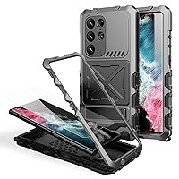 Samsung S24 Ultra Case Metal Silicone Armor Full Body Heavy Duty Tough S24 Ultra Rugged Military Grade case with Metal Stand Screen Protector Dustproof Shockproof Outdoor Case for Man (Black)
