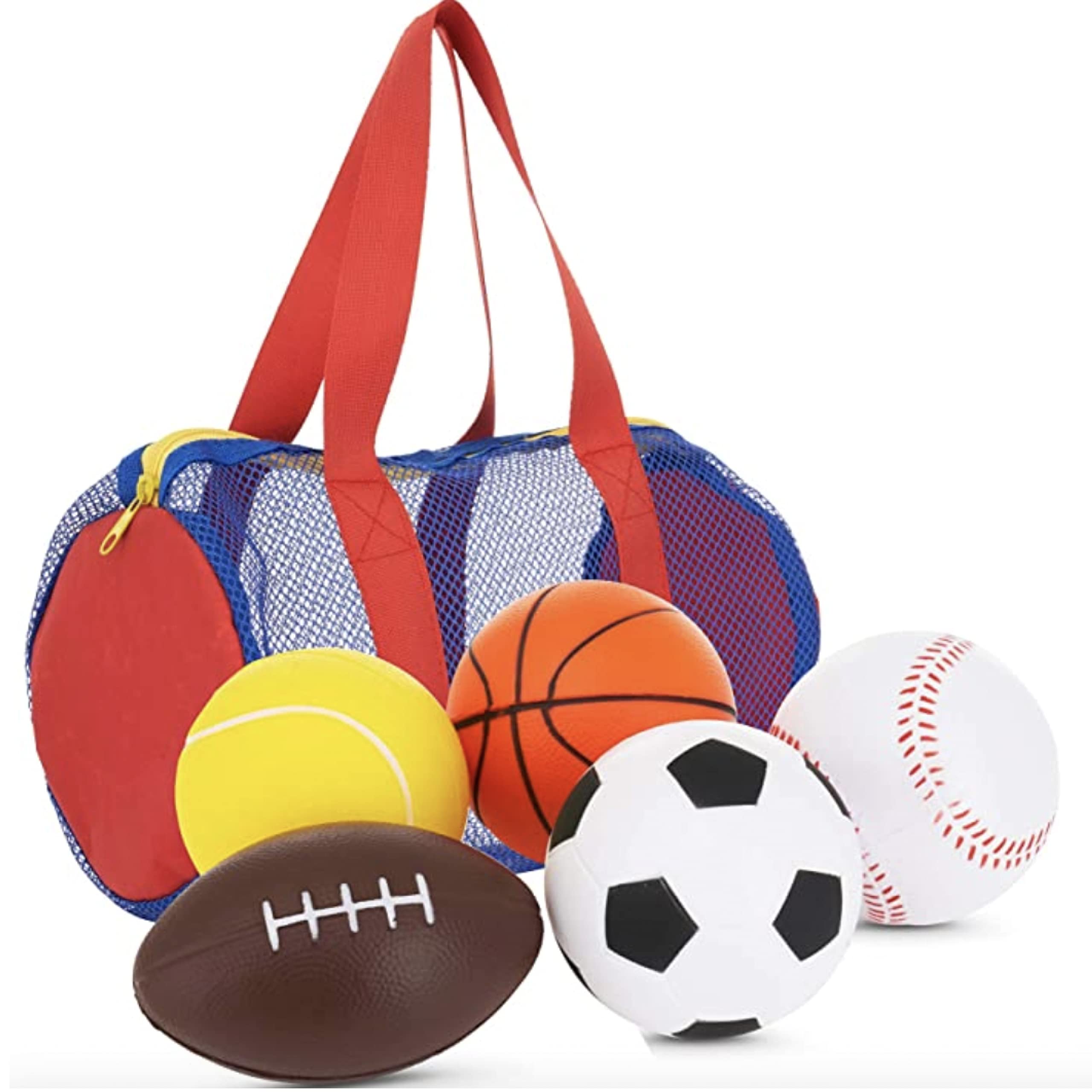 Foam Sports Soccer Balls Toys + FREE Bag - Set of 5 - Perfect for Small Hands to grab for Baby Kids, Toddler 1-3