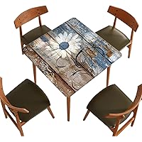 Square Wood Grain Fitted Tablecloths, White Chrysanthemum Elastic Edge Polyester Decorative Table Cover, Fits 36x36 Inch Square Table, Erasable Washable Tablecloth For Living Room Dining Room Patio