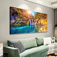Lake Waterfall Natural Picture Wall Art Landscape Canvas Prints Painting Home Decor Tree Picture for Living Room Bedroom Kitchen Office Decoration 20x40 Wooden Frames Artwork Ready to Hanging