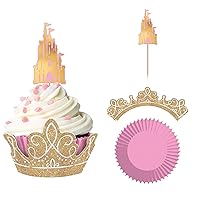 Disney Princess Pink and Gold Glitter Cupcake Kit - 24 Set (24 Liners, 24 Picks, 24 Wraps) | Fun & Creative Frozen Party Essentials | Great For Cupcake Decorating Activity For Kids
