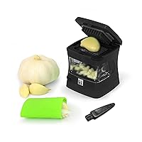 Garlic-A-Peel Garlic Press, Crusher, Cutter, Mincer, and Storage Container - Includes Silicone Garlic Peeler - Easy to Clean - Stainless Steel Blades – (Black), standard