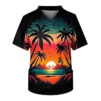Men's Scrub Tops 2023 Fashionable Hawaiian Beach Elements Print V-Neck Shirt with 3 Pockets（Suitable for All Seasons）