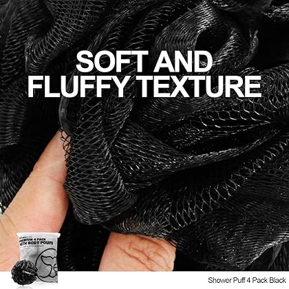 Shower Puff 4 Pack Black Bath Sponge Shower Loofahs Pouf Ball Nature Bamboo Charcoal Mesh Bulk Puffs Large, Shower Essential Skin Care by WhaleLife