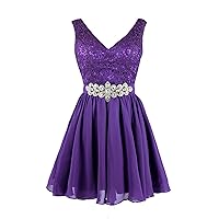 V Neck Short Prom Lace Chiffon Homecoming Dress with Crystal Belt