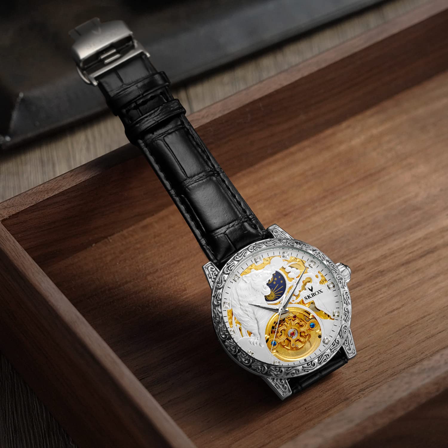FORSINING Herren Uhren Luxus Skelett Mondphase Automatische Selbstaufziehende Uhren mit echtem Lederband