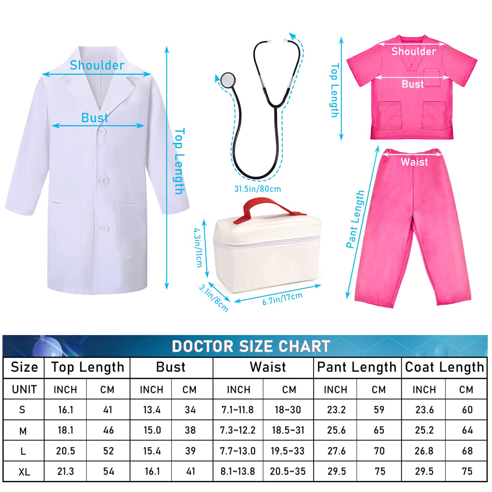 Toylink Kids Doctor Costume Pretend Play Kit with Lab Coat Carrying Bag Accessories Halloween Doctor Dress up for Boys Girls