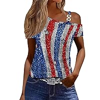 Independence Day Cold Shoulder Tops for Women Summer Short Sleeve Asymmetrical Shirts Metal Buttons 4 Th July Blouses