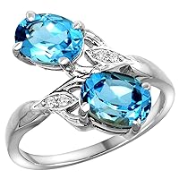 10K White Gold Swiss Blue Topaz 2-stone Mother's Ring Oval 8x6mm Diamond Accents, 3/4 inch wide, sizes 5 - 10