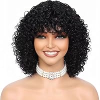 wigs human hair 200 density short curly human hair wig with bangs 100% human hair no lace human hair wigs for women 12 inch black color,gift for mom,for birthday,for travel.for party.
