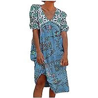 Women's Casual Loose-Fitting Summer Swing V-Neck Trendy Glamorous Dress Beach Print Flowy Short Sleeve Knee Length Blue